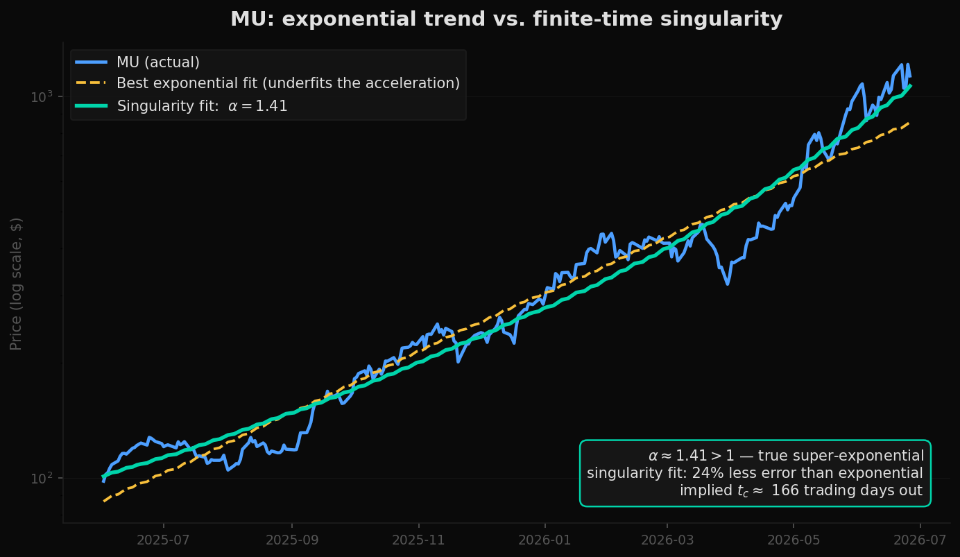 Micron price on a log axis with an exponential fit and a singularity fit